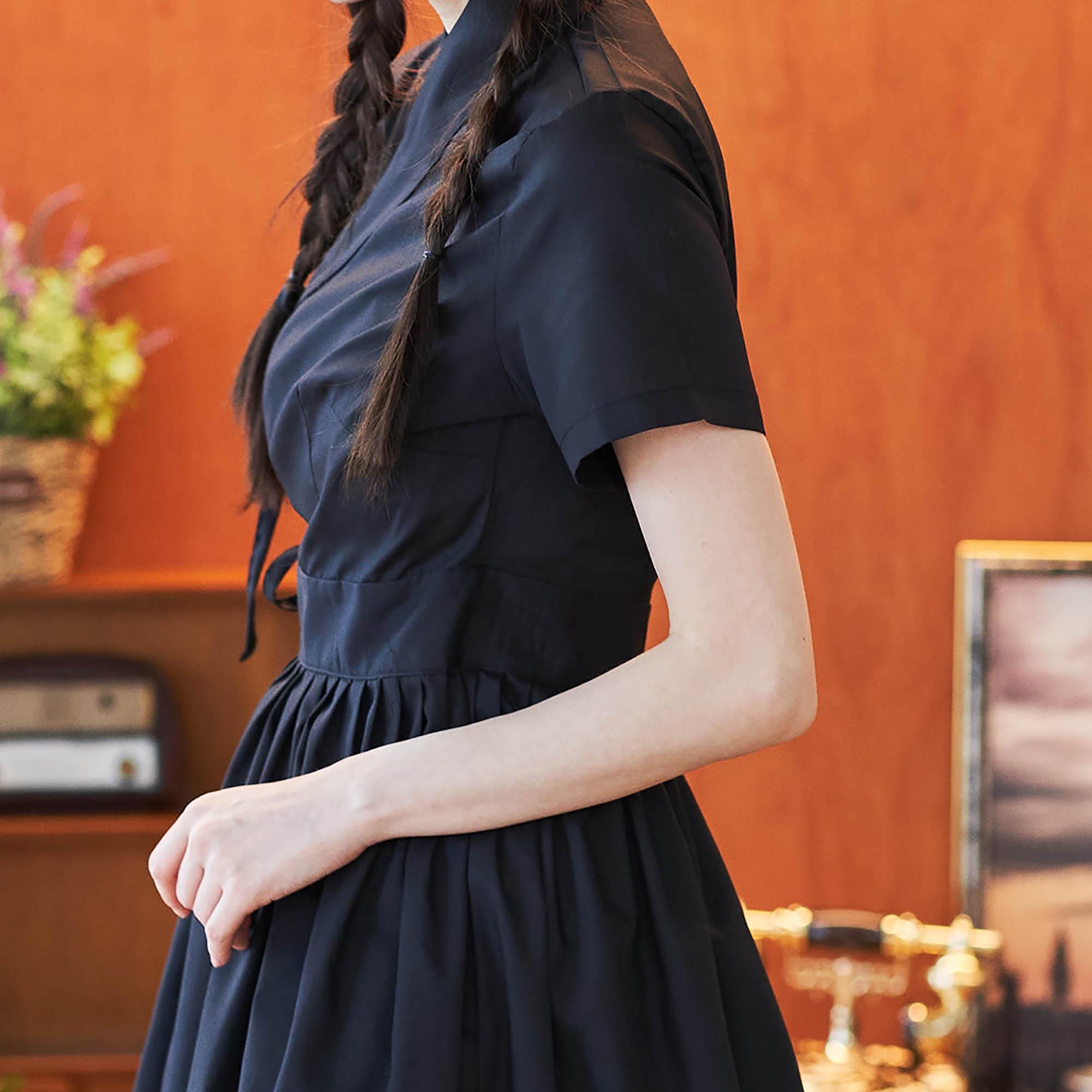 Modern Hanbok Dress for Women,Korean Clothing Solid Black Single Layer