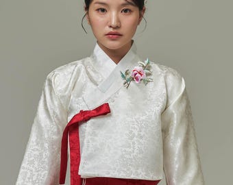 Tradycyjny koreański top Hanbok Jeogori | Damski satynowy top Jeogori w kolorze kości słoniowej | Wykonany na zamówienie