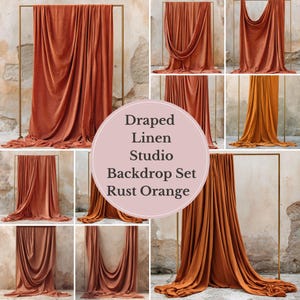 May include: A rust orange draped linen studio backdrop set. The fabric is arranged in various styles, hanging from gold metal frames. The backdrop is against a textured, light-colored wall. The text on the image reads "Draped Linen Studio Backdrop Set Rust Orange."
