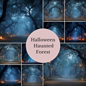 Op de afbeelding: Een collage van afbeeldingen die een spookachtig bos tonen met een pad, verlicht door gloeiende lantaarns en een mistige sfeer. De tekst "Halloween Haunted Forest" staat in een roze cirkel.