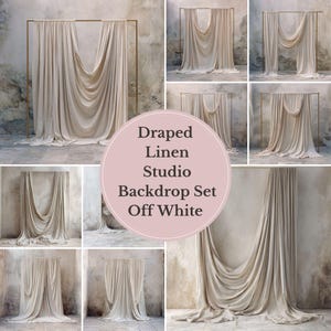 May include: A studio backdrop set featuring off-white draped linen fabric. The fabric is arranged in various styles, hanging from gold-colored metal frames. The image includes the text "Draped Linen Studio Backdrop Set Off White".