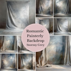 Puede incluir: Una colección de fondos fotográficos en varias configuraciones. Los fondos están pintados en un color gris tormentoso con un efecto pictórico. El texto de la imagen dice "Romantic Painterly Backdrop Stormy Grey."