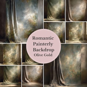 May include: A collection of olive gold and painterly backdrops. The backdrops have a romantic, artistic style with soft, blended colors. The image includes a variety of draped fabric backdrops, ideal for photography or studio use. The text on the image says "Romantic Painterly Backdrop Olive Gold."