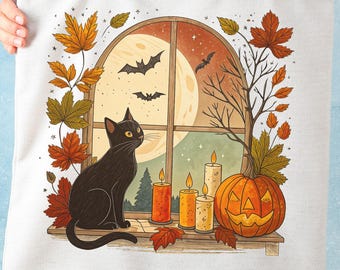 Retro Halloween Cat PNG, Vintage Black Cat with Jack-o'-Lantern, Cozy Autumn Scene