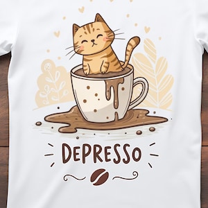 May include: White t-shirt featuring a cartoon cat in a coffee cup with the word "DEPRESSO" below. The cat is orange and brown, and the coffee cup is beige with brown coffee spilling out. The shirt has the text "PNG • 300 DPI • TRANSPARENT • INSTANT".