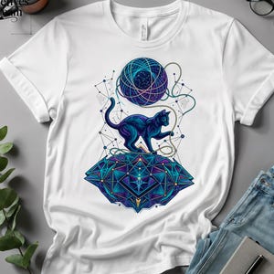 Cosmic Yarn Cat | Unraveled String Theory Art | Borderless Physics Print | Vibrant Neon Space Emblem