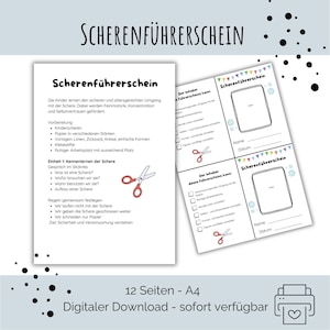 May include: A digital download document titled Scherenführerschein featuring instructional text in German, a red scissor icon, and printable certificate templates with spaces for a photo, name, and date, presented on a white background with black dots.
