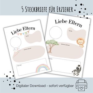 Könnte beinhalten: Zwei bedruckbare Steckbriefe für Erzieher mit der Überschrift Liebe Eltern. Jedes Blatt enthält einen kreisförmigen Fotorahmen, Textfelder mit der Beschriftung Ich bin und Ich freue mich auf sowie Illustrationen wie einen Regenbogen, Wimpel, einen Baum, einen Löwen und ein Zebra.