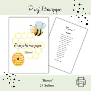 May include: A white Projektmappe notebook with a watercolor illustration of a bee, honeycomb, and beehive. The text "Projektmappe" and "Biene" are displayed. The notebook also includes a list of contents and states "27 Seiten".