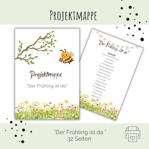 Może przedstawiać: Teczka projektowa zatytułowana "Projektmappe Der Frühling ist da" z rysunkiem pszczoły, gałęzi drzewa i kwiatów polnych. Druga strona zawiera spis treści zatytułowany "Der Frühling ist da" oraz ikonę drukarki.