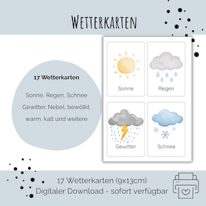 May include: A set of 17 weather cards featuring watercolor illustrations of sun, rain, thunderstorm, and snow. The cards include the German text Sonne, Regen, Gewitter, and Schnee. The digital download includes cards measuring 9x13cm for printing.