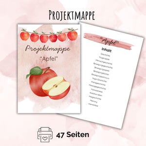 Könnte beinhalten: Eine Projektmappe mit dem Titel Projektmappe Apfel, verziert mit einer Aquarellillustration von roten Äpfeln an einer Schnur und einem aufgeschnittenen Apfel. Die zweite Seite zeigt ein Inhaltsverzeichnis mit der Überschrift Apfel und eine Liste von Aktivitäten wie Geschichten, Spiele und Yoga.