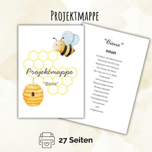Könnte beinhalten: Eine Projektmappe Biene mit einer Aquarellillustration einer Biene, einem gelben Wabenmuster und einem Bienenstock. Die zweite Seite listet den Inhalt auf, darunter Themen wie Geschichte, Körperbau und verschiedene Aktivitäten auf 27 Seiten.