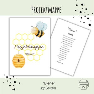 Pode incluir: Uma pasta de projeto intitulada Projektmappe Biene com uma ilustração em aguarela de uma abelha e uma colmeia sobre um padrão de favo de mel amarelo. A segunda página apresenta um índice com várias atividades educativas em alemão.