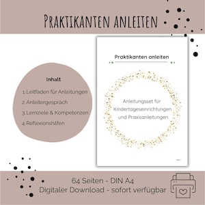 Könnte beinhalten: Ein digitales Dokument mit dem Titel Praktikanten anleiten auf beigem Hintergrund, das eine Inhaltsliste mit Leitfaden für Anleitungen, Anleitergespräch, Lernziele & Kompetenzen und Reflexionshilfen sowie eine goldene Glitzerkreis-Grafik enthält.