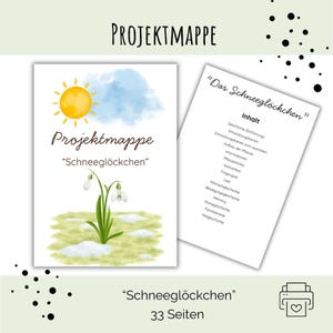Könnte beinhalten: Eine Projektmappe mit dem Titel Projektmappe Schneeglöckchen, die eine Aquarellillustration einer gelben Sonne, blauer Wolken und weißer Schneeglöckchen auf grünem Gras zeigt. Eine zweite Seite listet den Inhalt mit Geschichten und Karten auf.