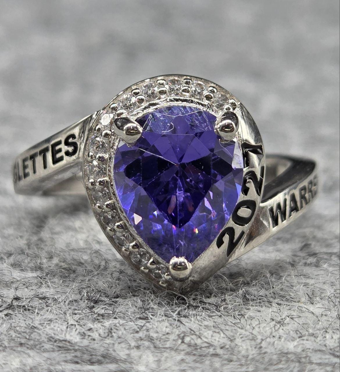 Class of 2027 Warrettes Graduation Ring, Pear Cut Purple Amethyst Halo ...