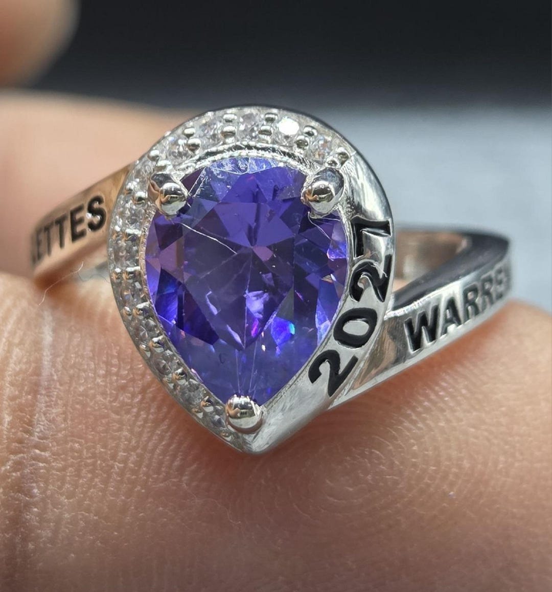 Class of 2027 Warrettes Graduation Ring, Pear Cut Purple Amethyst Halo ...