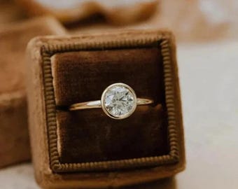 Round Moissanite Ring, Gold Bezel Solitaire, Art Deco Wedding