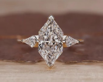 14K Solid Gold Dutch Marquise Moissanite Engagement Ring, Kite Side Stones, V Prong Tapered Band