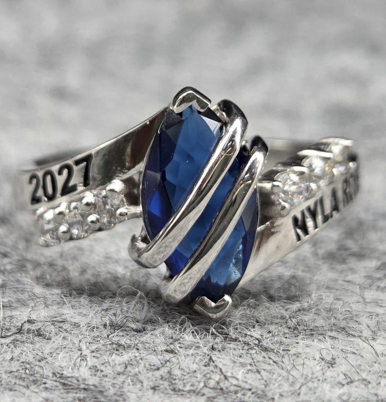 Class of 2027 Graduation Ring, Marquise Blue Sapphire Bypass Ring ...