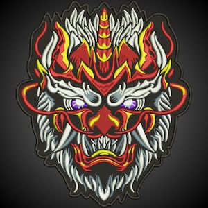 Japanese Oni Demon Embroidered Patch – Samurai Mask Iron On Patch | Gothic Punk Embroidery Applique for Jackets, Bags & Clothes