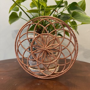 May include: A copper-colored, circular wire sculpture with a geometric design, placed in front of a potted plant. The sculpture's intricate pattern is visible against the backdrop of green leaves. The pot has text on it.