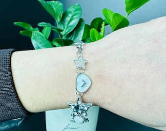 Silver Charm Länkarmband – Stjärna, Hjärta & Blomma Smycken Gåva