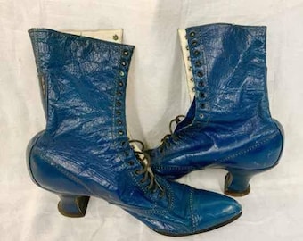 Antique Victorian Leather Lace Up Boots  Cerulean Blue