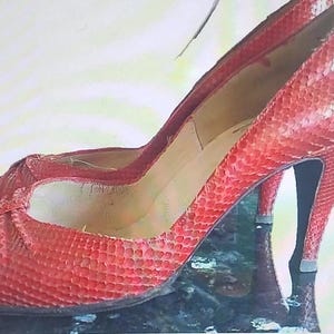 Puede incluir: Un par de zapatos de tacón alto rojos con estampado de piel de serpiente. Los zapatos tienen una punta puntiaguda y un tacón fino.