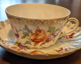 Antique Ambrosius Lamm Dresden Hand Painted Floral Gold Tea Cup & Saucer