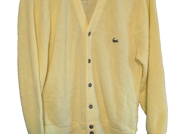 Vintage IZOD Lacoste Yellow Cardigan Sweater 80s Preppy Retro Dad Medium