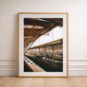 May include: A framed art print depicting a train station interior. The image shows a perspective view of the station's architecture, with a focus on the roof structure and train platforms. The colour palette is dominated by warm tones.