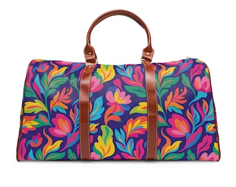 Bunte Blumenmuster Wasserdichte Reisetasche | Seesack mit Leder Griffen