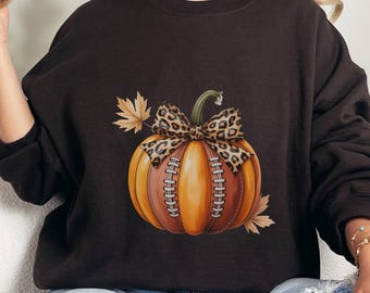 Football Pumpkin with Leopard Bow PNG | Fall Sports Clipart for Sublimation, Shirts & Stickers