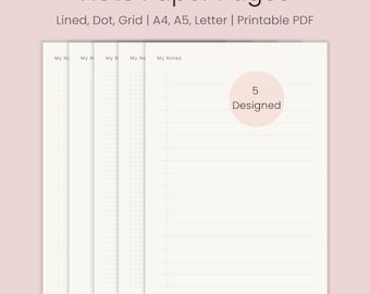 Note Page 5 Designs | A4, A5, Letter PDF | Lined, Grid, Dotted, Blank | Instant Download