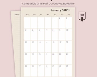 2026年ミニマル月間カレンダー | iPad、goodnotes、notability | PDFデジタルダウンロード