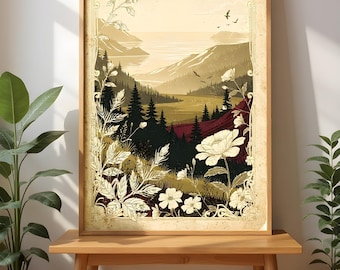 Mountains Landscape Print, Vintage Style Digital Download | Printable Wall Art, Cottagecore Decor
