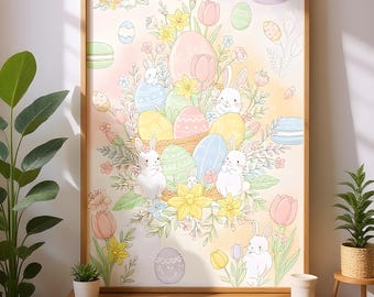 Pastel Easter Egg Bunnies Spring Illustration: Soft Floral Wall Art (Digital Download)