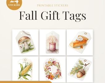Watercolor Fall Gift Tags | 24 Autumn Leaves, Acorn, Pumpkin Pie (Digital Download)