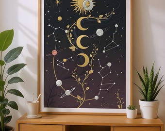 Celestial Moon Phases Art Print: Cosmic Sun, Stars, Botanical Design (Digital Download)