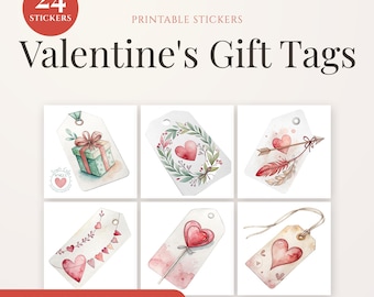 Valentine Watercolour Gift Tags | 24 Printable PNG Favor Stickers (Digital Download)