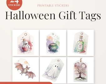 24 Watercolour Halloween Gift Tags | Spooky Party Favor Stickers (Digital Download)