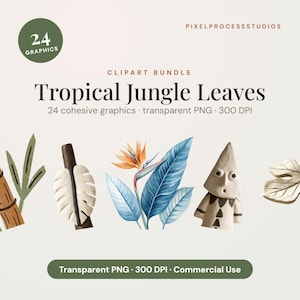 Paquete de imágenes prediseñadas de hojas de la selva tropical / 24 imágenes PNG transparentes de 300 ppp / Impresión bajo demanda por sublimación para uso comercial