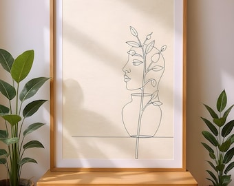 Line Drawing Face Wall Art, Minimalist Botanical Portrait Print (Digital Download)