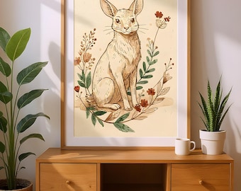 Hand-Drawn Fox Floral Art Print: Elegant Animal Wall Art (Digital Download)