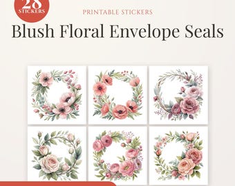 Blush Floral Envelope Seals | 28 Printable Round Stickers (Digital Download)