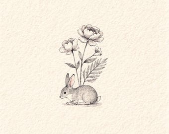 Minimalist Rabbit Floral Art Print: Delicate Illustration (Digital Download)
