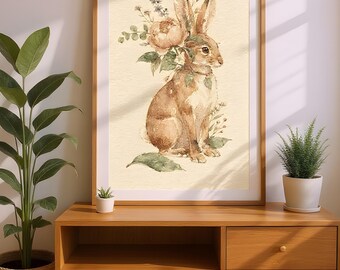 Illustration aquarelle de lapin, portrait floral raffiné, téléchargement numérique | Images clipart botanique, pastel imprimable