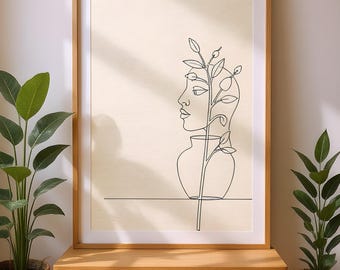 Line Drawing Face Wall Art, Minimalist Botanical Portrait Print (Digital Download)